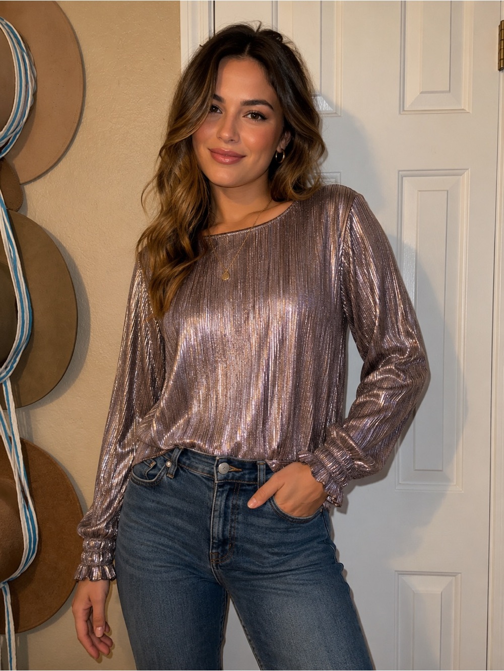 *Ava & Viv Metallic Pleated Long-Sleeve Top*